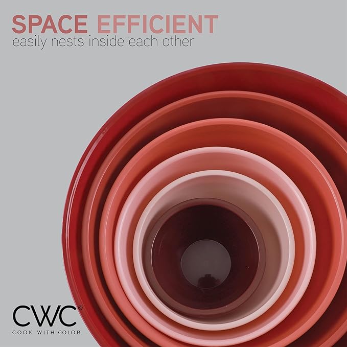 COOK WITH COLOR Mixing Bowls with Lids - 12 Piece Plastic Nesting Bowls Set includes 6 Prep Bowls and 6 Lids, Rhombus Design - Microwave Safe (Rose)