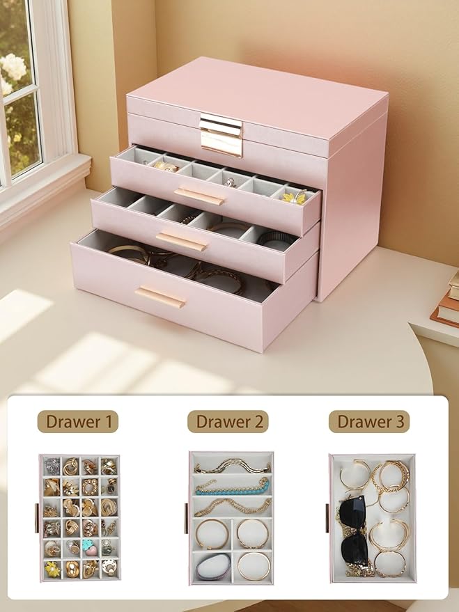 BOOVO Jewelry Boxes for Women, 5 Layer Jewelry Organizer with Necklace Hanger and Drawers, Large Jewelry Box for Earrings, Necklace and Bracelet Storage Gifts for Women and Girls (Rose Gold, 5 Layer)