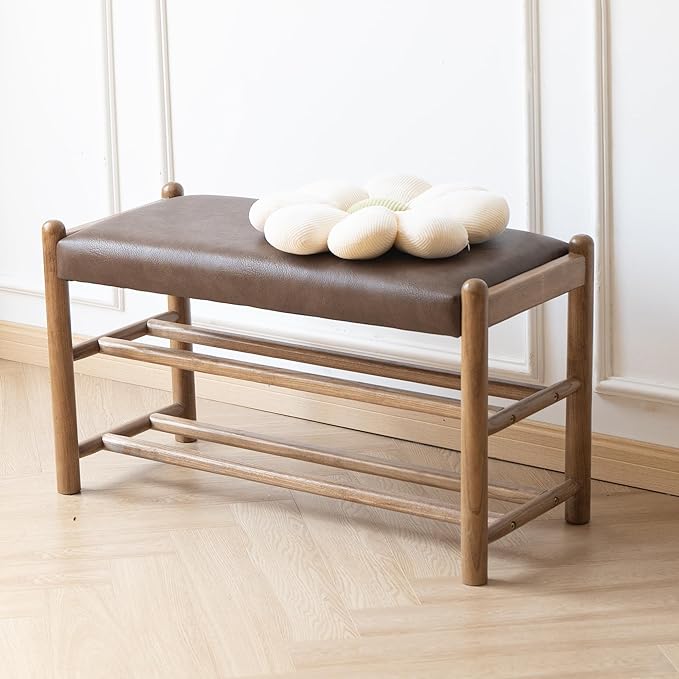 Solid Wood Entryway Bench with Shoe Storage, Rustic Oak Wood and PU Leather 31.5 Inch Long Seating for Living and Dining Rooms, 3-Tier Brown