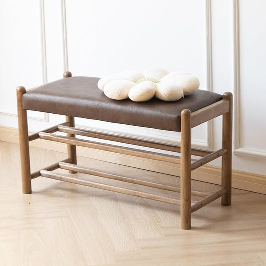 Solid Wood Entryway Bench with Shoe Storage, Rustic Oak Wood and PU Leather 31.5 Inch Long Seating for Living and Dining Rooms, 3-Tier Brown