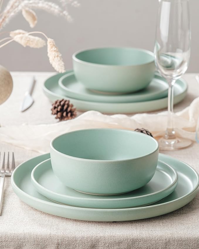 Famiware Milkyway Plates and Bowls Sets, 12 Pieces Dinnerware Sets, Reactive Glaze Dish Set, Stoneware Dishes Set for 4, Light Green