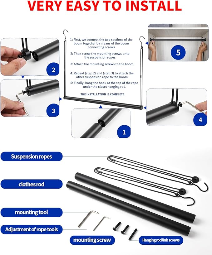 Closet Rods for Hanging Clothes 32'' Black Stepless height adjustment Heavy Duty Closet Rod for Optimize closet storage and organizing space