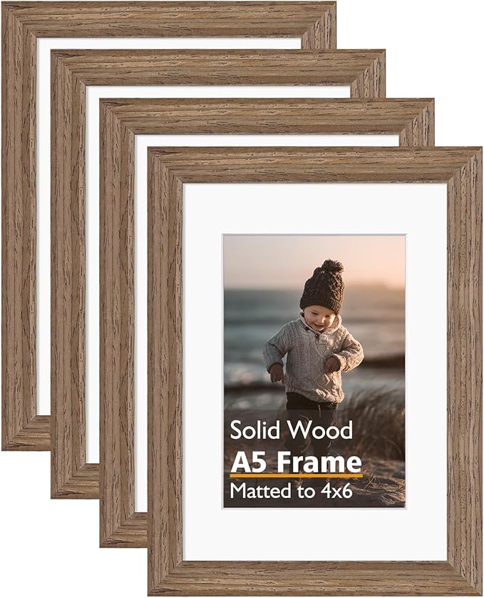 KINLINK A5 Picture Frame, Brown Solid Wood Frames with Acrylic Plexiglass for Pictures 4x6 with Mat or A5 without Mat, Tabletop and Wall Mounting Display 4 Pack