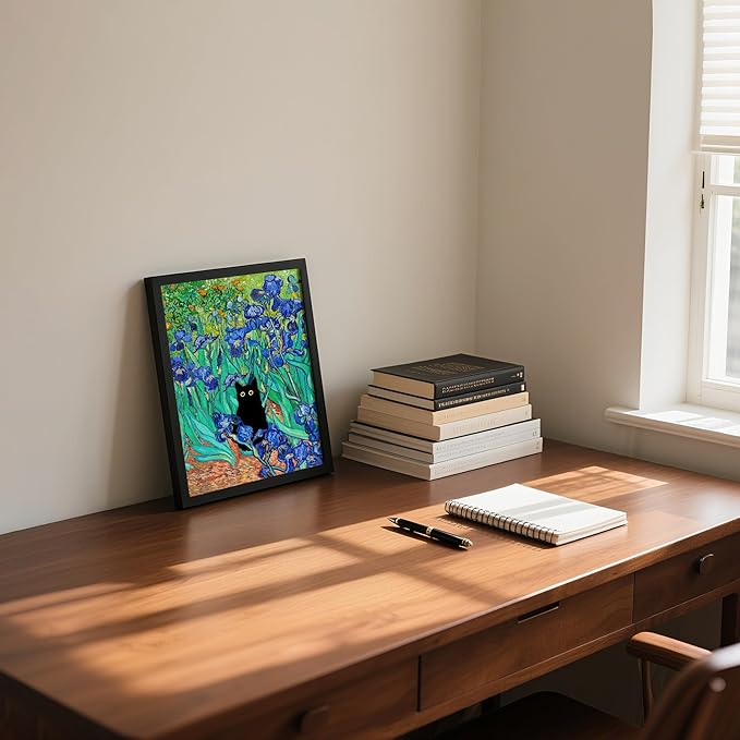 Krtoni Framed Van Gogh Irises Canvas Wall Art, Famous Oil Paintings Garden Flower Black Cat Wall Decor, Impressionism Funny Vintage Print Artwork For Farmhouse Gallery Bathroom 10''L x 8''W