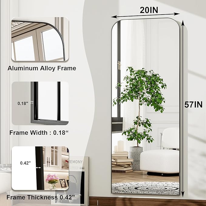 HARRITPURE 57"x20" Full Length Mirror Full Body Mirror Top Rounded Corner Aluminum Frame Hanging or Leaning Wall Floor Mirror with Stand for Living Room Bedroom Cloakroom,Black
