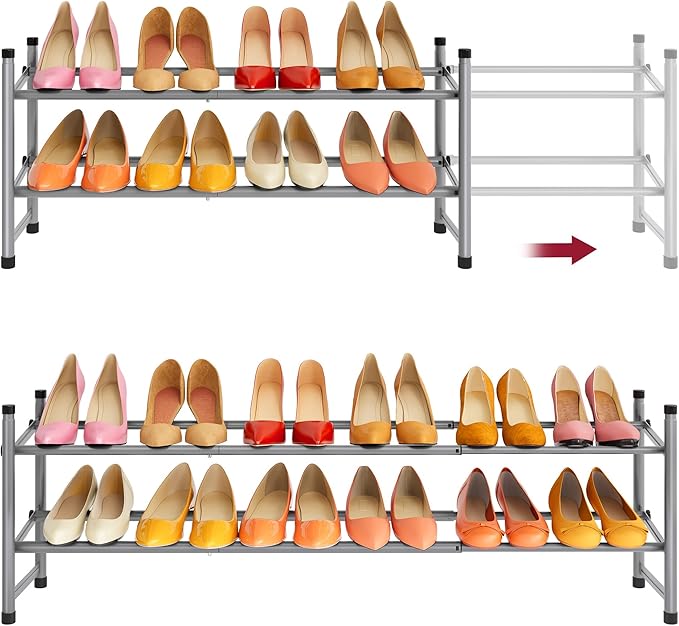 Tajsoon 2 Tier Expandable Shoe Rack for Closet, 28“-41“Adjustable & Stackable Shoe Shelf Storage, Metal Shoe Rack Organizer for Front Door Entrance, Closet, Garage, Entryway, Grey