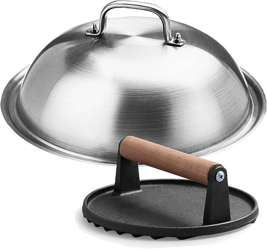 12 Inch Melting Dome with Round Cast Iron Smash Burger Press for Blackstone Griddle, Commercial Grade Heavy Duty Griddle Dome and Cast Iron Grill Burger Press for Flat Top Griddle Grill