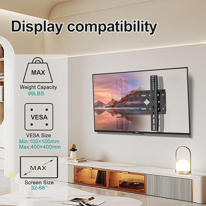 Fixed TV Wall Mount for Most 32-68 Inch 4K,LED, LCD and Plasma TVs,TV Wall Bracket VESA Up to 400x400mm,Weight Capacity 99lbs,Low Profile Wall Mount tv Bracket 40 43 50 55 60 65 Inch