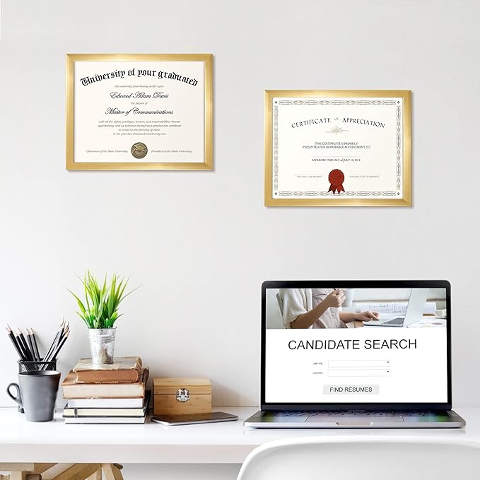 upsimples Certificate Frame with High Definition Glass, 8.5 by 11 Picture Diploma Document Frames for Wall and Tabletop, Gold 5 Pack