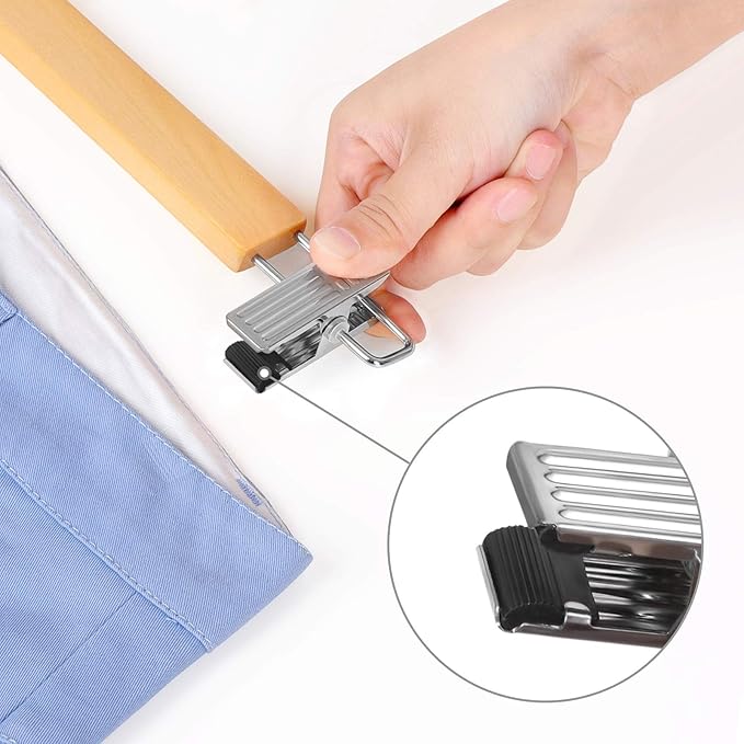 SONGMICS Wooden Pants Hangers 12 Pack, Pants Hangers with Clips, Adjustable Anti-Rust Metal Clips, 360° Swivel Hook, Skirt Hangers for Pant, Skirts, Natural Grain UCRW008-12