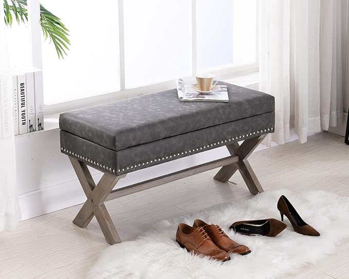 chairus PU Leather Upholstered Storage Entryway Bench, 36 inch Bedroom Bench Seat with X-Shaped Wood Legs for Living Room, Foyer or Hallway - Gray