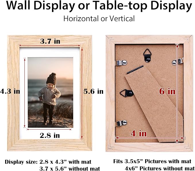 KINLINK 4x6 Picture Frames Natural Wood Frames with Acrylic Plexiglass for Pictures 3.5x5 with Mat or 4x6 without Mat, Tabletop and Wall Mounting Display, Set of 4