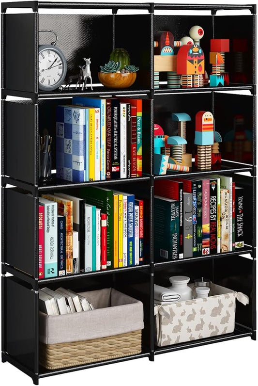 JIUYOTREE 5-Tiers Portable Bookshelf with Fabric Cloth at Back, 8 Cube Closet Storage Organizer Bookcase, Living Room,Study Room,Bedroom, Black