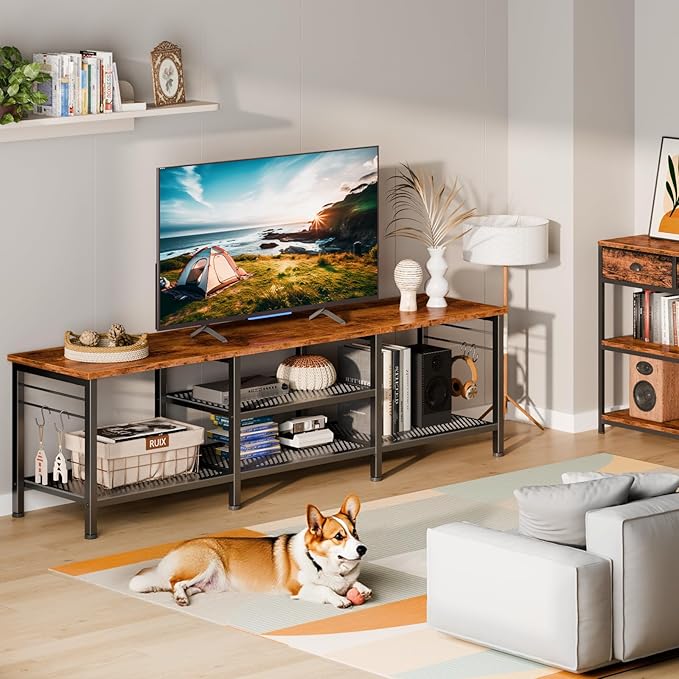 Furologee TV Stand for TVs up to 70 Inch, 63 Inch Entertainment Center with Open Storage Shelves, Television Stands with Soundbar Shelf for Living Room, Bedroom, Rustic Brown