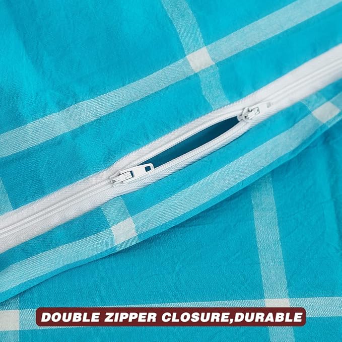 FACE TWO FACE Bedding Duvet Cover Set100% Washed Cotton Duvet Cover Linen Like Textured Breathable Durable Soft Comfy (Full, Turquoise Grid)