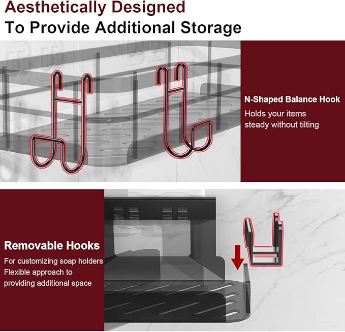 Large Capacity Shower Caddy, Heavy-Duty Adhesive Shower Organizers with Custom Aesthetic Design Soap, No Drilling Corner Shower Shelves, 5 Hooks for Bathroom Accessories, 3 Pack