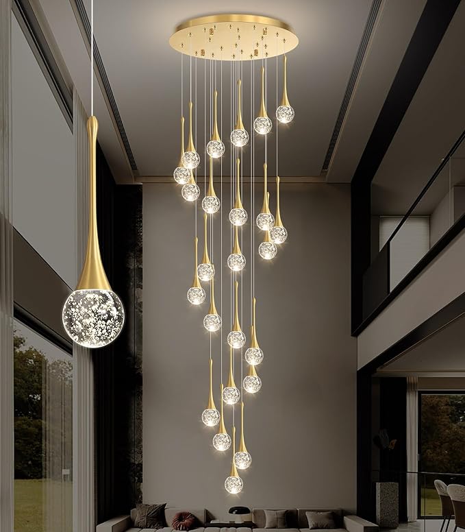 24 Light Modern Glam Crystal Chandelier for High Ceiling LED Dimmable Ceiling Pendant Light Staircase Foyer Enterway Living Room Chandelier Lighting Antique Gold
