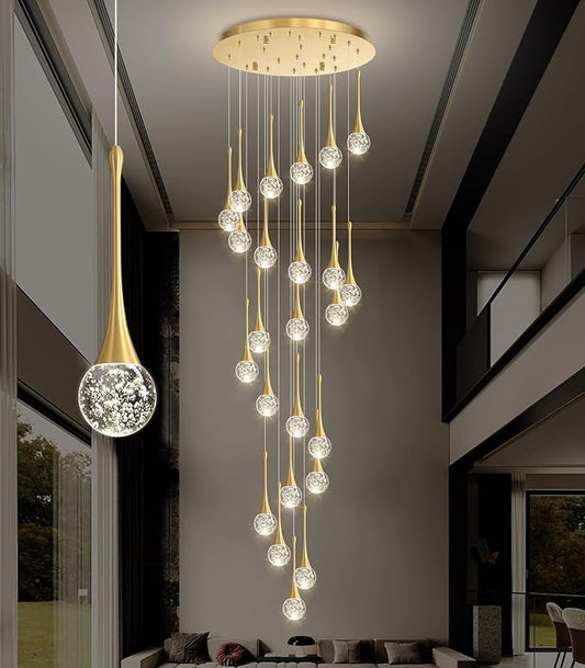 24 Light Modern Glam Crystal Chandelier for High Ceiling LED Dimmable Ceiling Pendant Light Staircase Foyer Enterway Living Room Chandelier Lighting Antique Gold