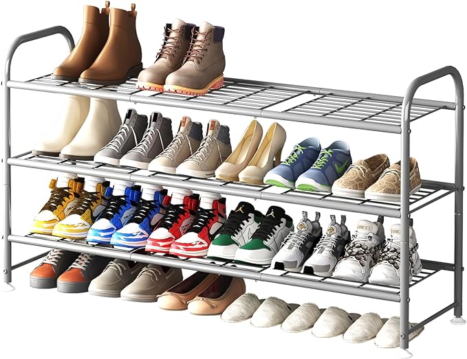 LINZINAR Shoe Rack 3 Tier Long Metal Shoe Organizer for Closet Entryway Grey