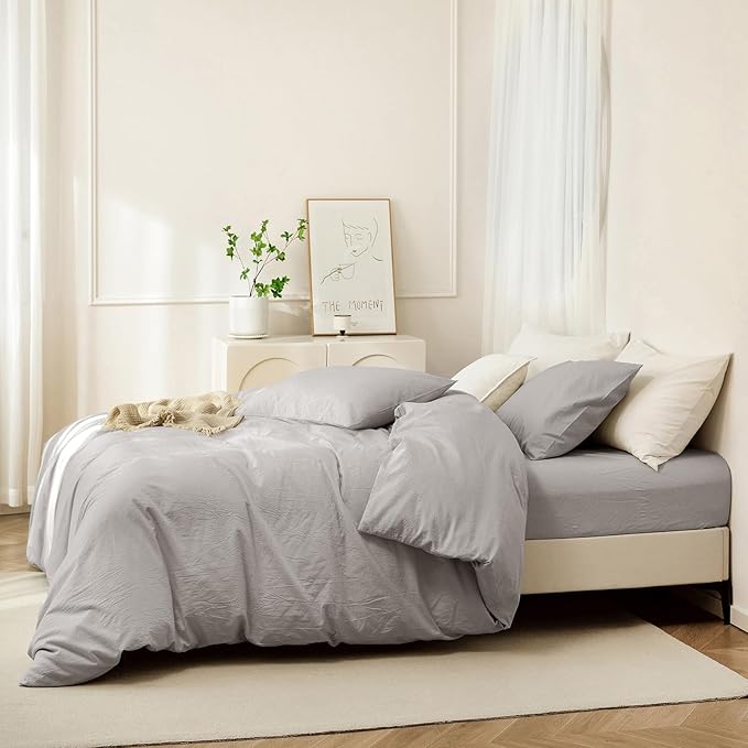 JIYUAN 100% Washed Cotton Duvet Cover Set 3 Pieces Cal King, 1 Duvet Cover 104x98 Inches(Comforter Not Included) and 2 Pillowcases,Linen Feel Bedding Set Comfy and Breathable, Heathered Pastel Grey