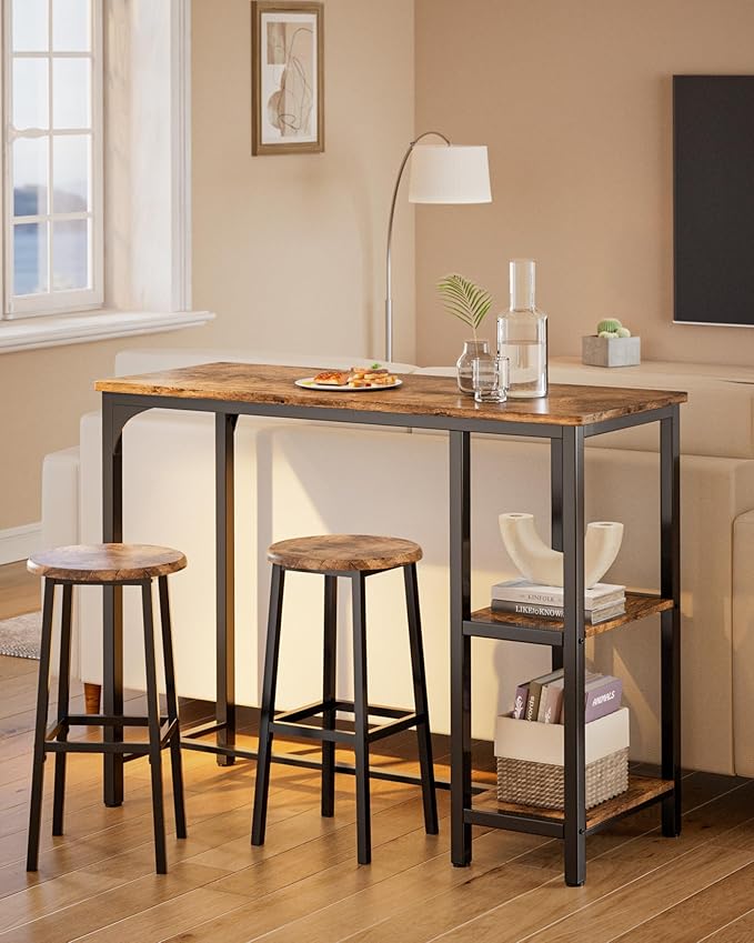3-Piece Bar Table Set for 2, Table with Stools & 2 Storage Shelves, Small Bar Table Set with Glass Rack, Small Kitchen Table for Dining Room, Living Room, Rustic Brown
