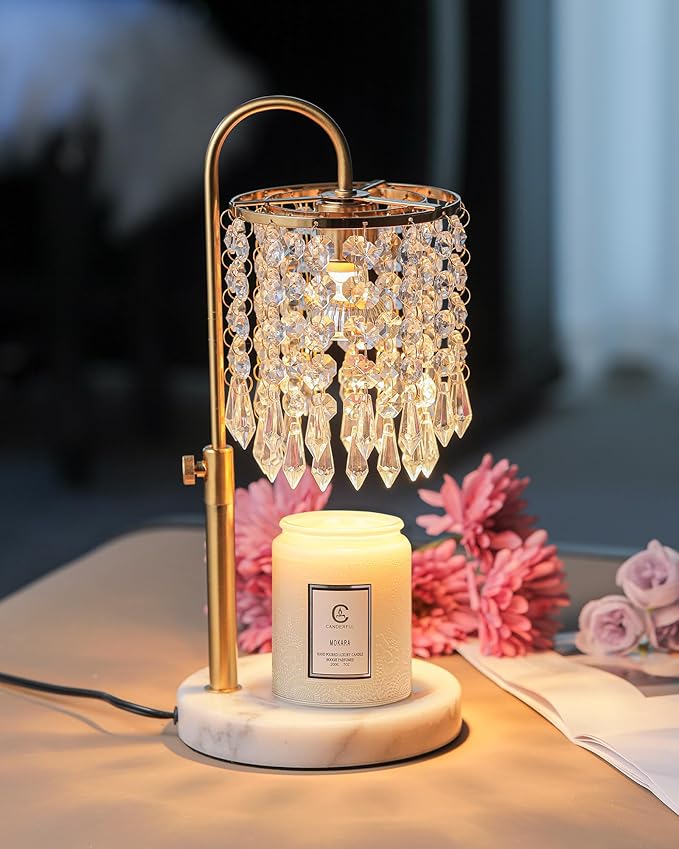 Minimalist Crystal Candle Warmer with Timer Dimmer and 3 Bulbs, Adjustable Height Marble Base for Jar Candles, Ideal House Warming Gift