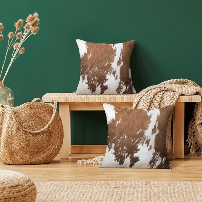 BETGINY Cow Print Pillow Covers 22X22 Inch Pack of 2, Western Brown Cowhide Throw Pillow Covers Square Cushion Farmhouse Animal Cow Print Pillow Cases for Bedroom Living Room Home Sofa Patio Outdoor