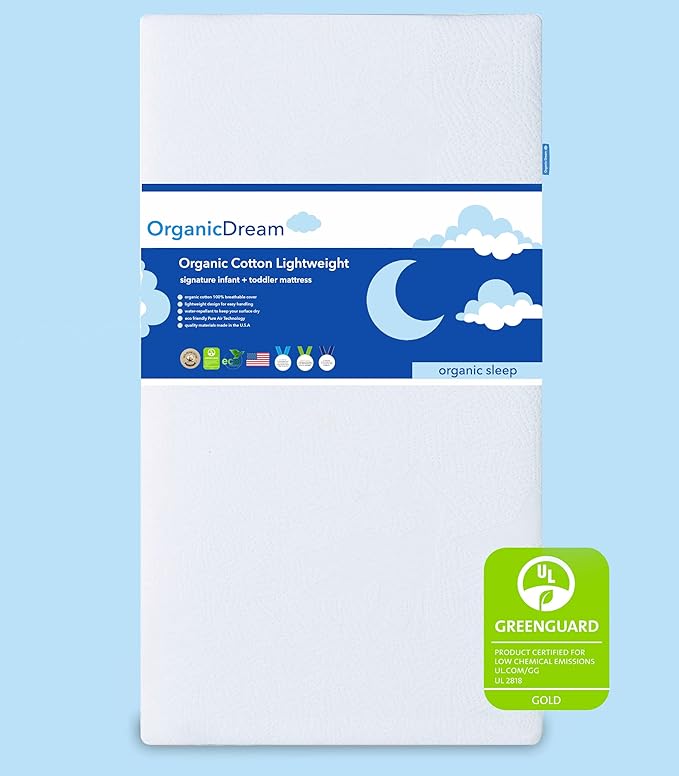 Organic Dream Crib and Toddler Mattress - 100% Breathable Proven to Reduce Suffocation Risk, 100% Washable Cover, Baby + Toddler Bed, GREENGUARD Certified, Hypoallergenic - Deluxe 5"- White