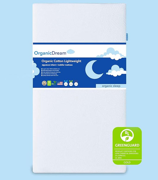 Organic Dream Crib and Toddler Mattress - 100% Breathable Proven to Reduce Suffocation Risk, 100% Washable Cover, Baby + Toddler Bed, GREENGUARD Certified, Hypoallergenic - Deluxe 5"- White