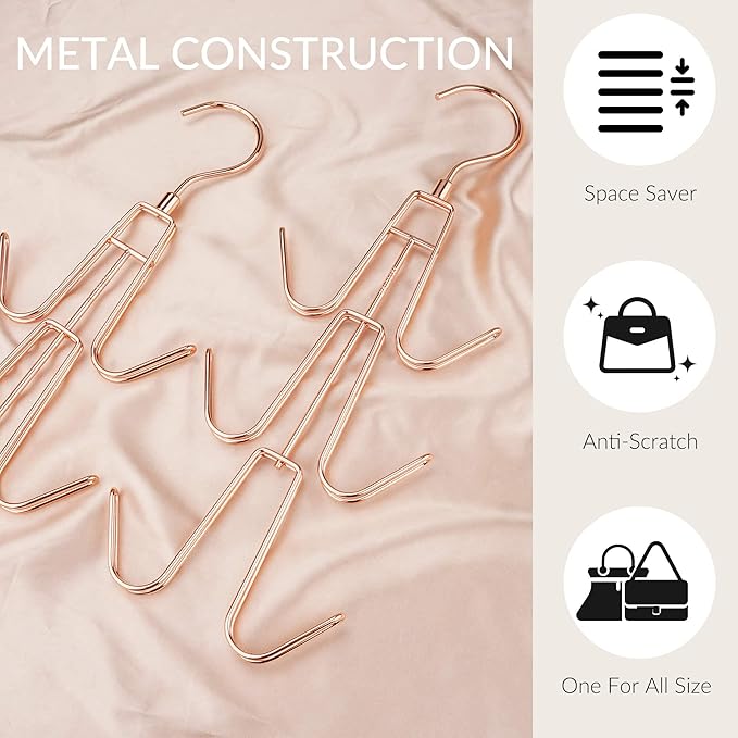 ZEDODIER Purse Hanger Organizer for Closet, 2 Pack Hanging Bag Holder, Keeping Purses Visible and in Good Condition, Metal Handbag Storage Hook Backpack Rack Space Saving Hanger, Rose Gold