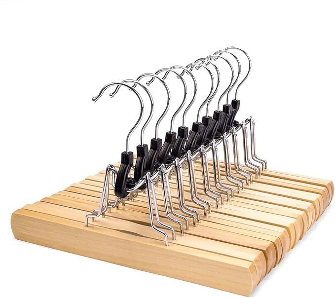 Nature Smile Wooden Pants Skirt Hangers, Smooth Finish Solid Wood Non Slip Jeans Slack Clamp Hangers Hair Extension Hangers (10 Pack Natural)…