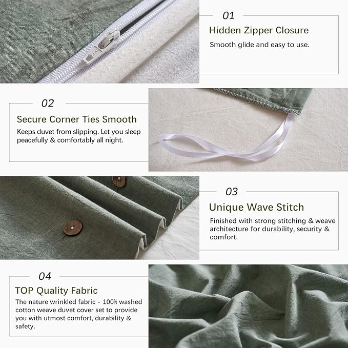 MILDLY 100% Washed Cotton White and Green Reversible Duvet Cover Set King Size Casual Design Soft Bedding Set 2 Pillow Cases + 1 Duvet Cover with Zipper & Corner Ties