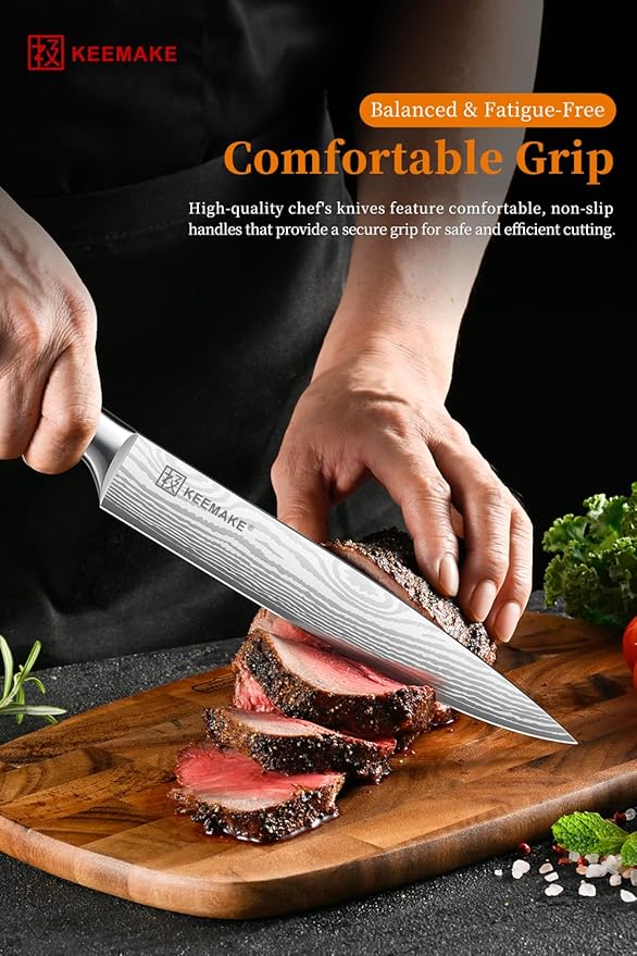 KEEMAKE 8 Inch Carving Knife - Ultra Sharp Slicing Knife High Carbon Stainless Steel Blade & Ergonomic Handle for Meat Cutting BBQ Turkey Ham Gift Box Included