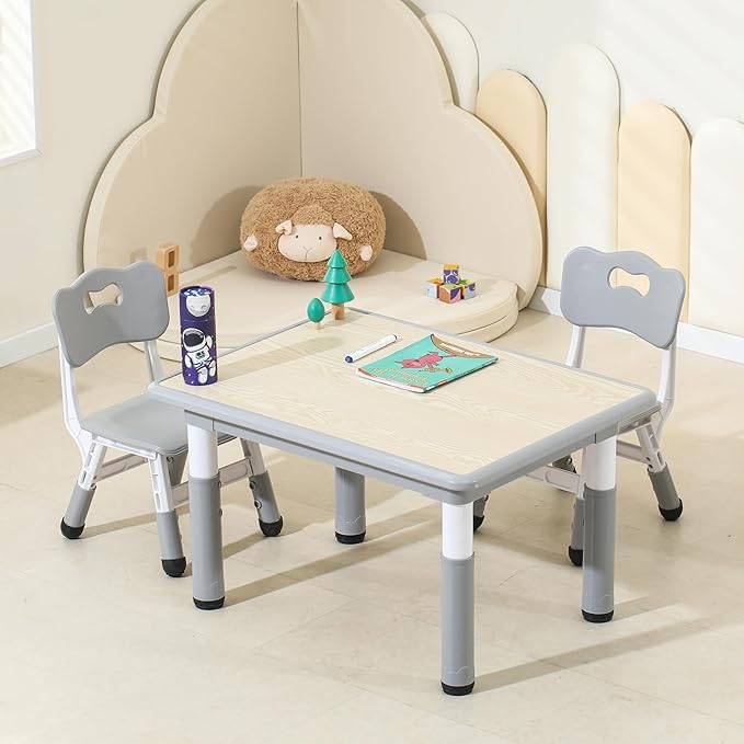 Kids Table and Chairs, Height-Adjustable Toddler Table and Chair Set with 31.5''Lx23.6''W Graffiti Desktop, Table Chair for Ages 3-8, Childrens Table and Chair Set for Daycare with 2 Chairs, Grey