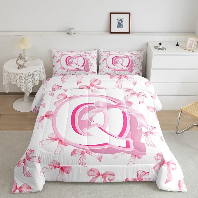 jejeloiu Kids Girls Cute Pink Bow Comforter Set Full Size Monogrammed Bedding Set Ultra Soft Personalized Initial Duvet Quilt Coquette Bow Knot Quilt Set Room Decor Modern Fashion Comforter