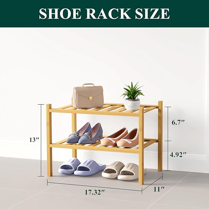 Smiry Bamboo Shoe Rack for Closet, 2 Tier Small Wooden Stackable Shoe Organizer, Free Standing Shoes Storage Shelf for Entryway, Front Door Entrance, Natural