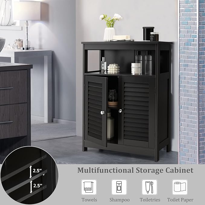 Tangkula Bathroom Floor Cabinet, Wooden Freestanding Storage Cabinet with Double Shutter Door & Adjustable Shelf, Storage Cabinet for Bathroom Living Room (Black)