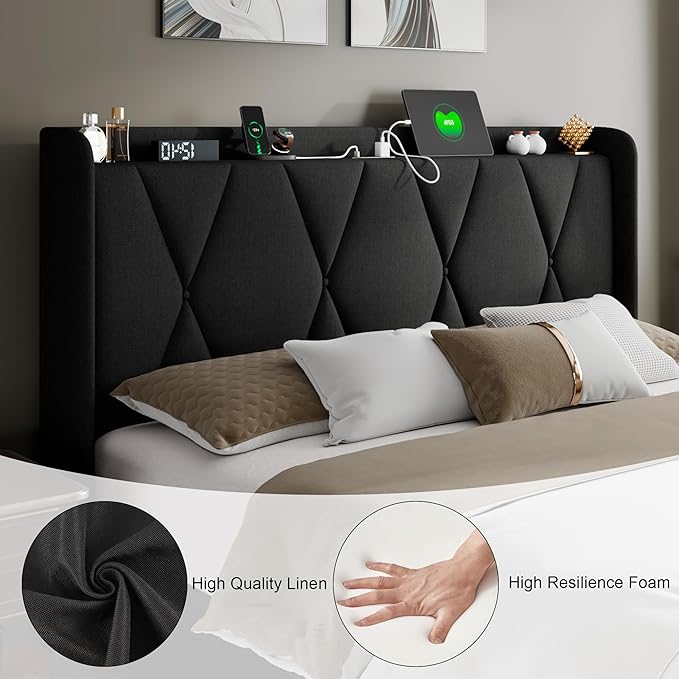 Feonase Full Size Bed Frame with 4 Storage Drawers, Upholstered Platform Bed with Charging Station, Wingback Storage Headboard, Wooden Slats Support, No Box Spring Needed, Easy-Assembly, Black