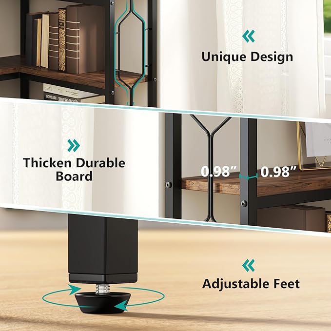 Tribesigns Corner Shelf, 7-Tier Industrial Corner Bookshelf, Wood and Metal Etagere Bookcase, Freestanding Display Shelf for Living Room, Kitchen, Home Office, Rustic Brown