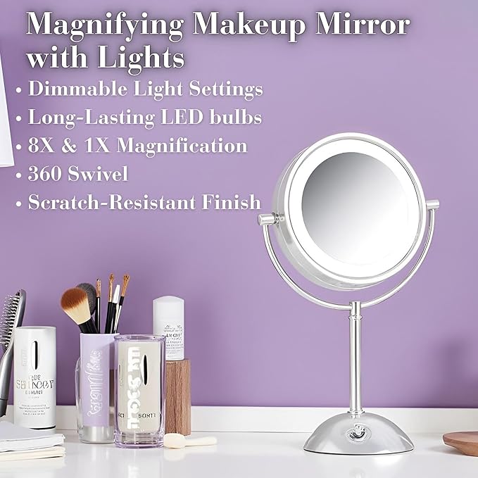 JERDON Lighted Makeup Mirror with Magnification - 1X and 8X Magnification - Chrome Finish - Model HL8808CL