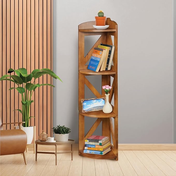 Corner Shelf Stand, Corner Bookshelf, Small Corner Shelves by Natural Wood, Plant Stand, Corner Bookcase for Living Room, Home Office, Bedroom, (Brown, 4 Tier)