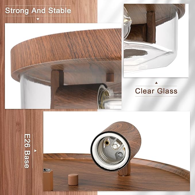 Flush Mount Ceiling Light with Clear Glass Shade, 2-Light Indoor Outdoor Farmhouse Lighting Flush Mount Lights for Kitchen Bedroom Porch Living Dining Room (Wood)