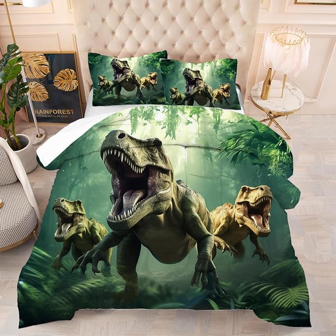Kids Dinosaur Comforter Set Full Size for Boys Green Dino Quilt Set Soft Microfiber Dino Bed Set for All Season Use Dinosaur Bedding Set with 1 Comforter + 2 Pillowcases
