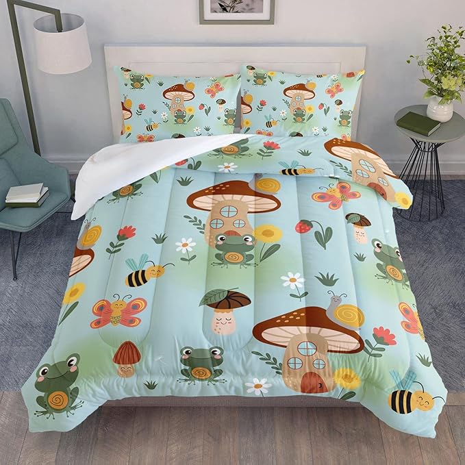 Cartoon Mushroom House Kids Comforter Bedding Set for Boys Girls, Green Grassland and Cute Frog Bee Print Comforter with 2 Pillowcases(Mushroom House Full)