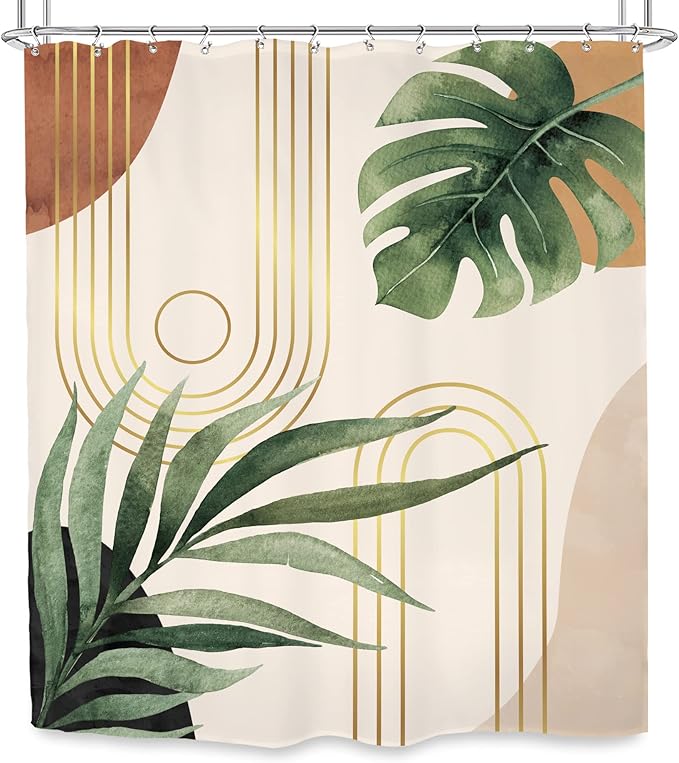 Glawry Extra Long Green Leaf Shower Curtain 72Wx96L Inches Boho Mid Century Abstract Plant Botanical Bathroom Tropical Bohemian Palm Leaves Minimalist Bath Accessories Home Decor Fabric 12 Pack Hooks