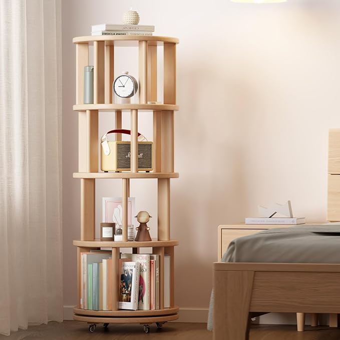 Solid Wood Rotating Bookshelf on Wheels, 4 Tier, Round Revolving Bookcase, 360° Spinning Book Shelf Tower for Kids, Narrow Rolling Bookshelves for Small Space, Corner, Bedroom, Office, Natural