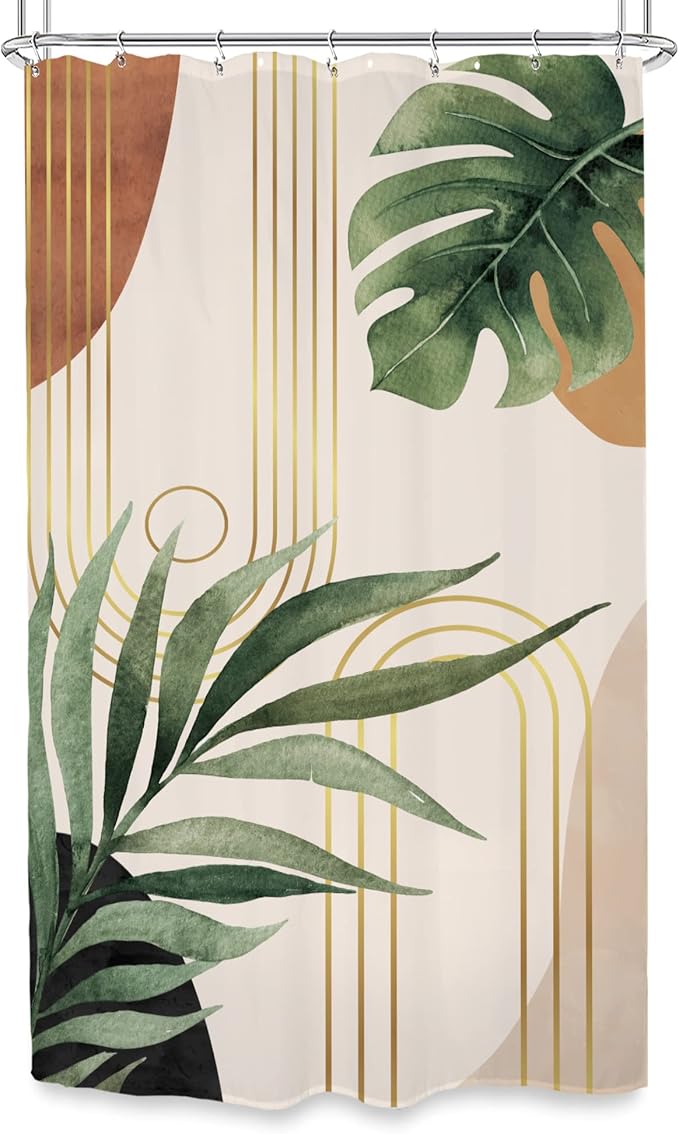 Glawry Small Stall Narrow Shower Curtain 36Wx72L Inches Tropical Bohemian Leaves Mid Century Abstract Boho Botanical Bathroom Curtains Set Plant Palm Leaf Green Minimalist Bath Home Decor Fabric
