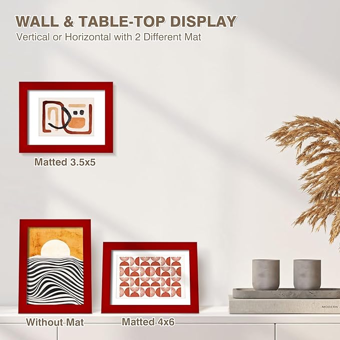KINLINK 5x7 Picture Frame Red, Solid Wood Frames with Acrylic Plexiglass for 3.5x5/4x6 with Mat or 5x7 without Mat, Tabletop and Wall Display Photo Frame Set of 4