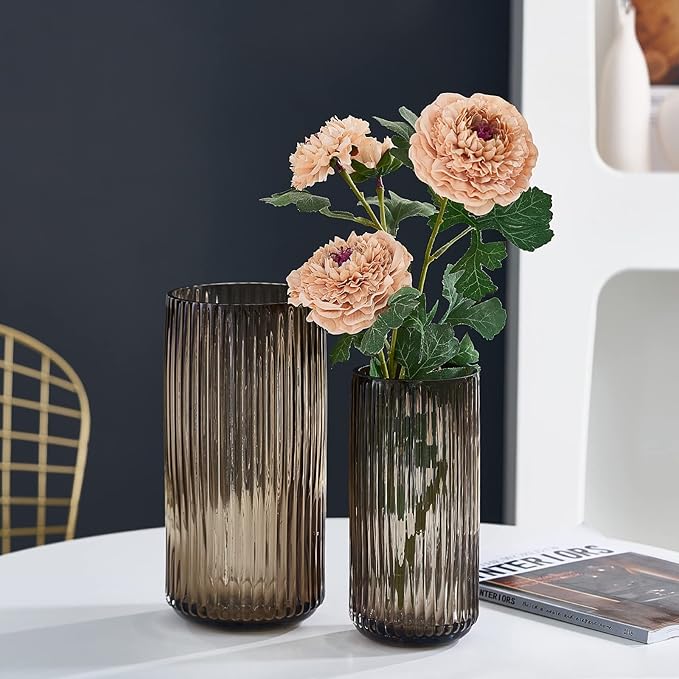 Flower Vase 9.7 inch Amber Thickened Hand Blow Glass Vase Round Vintage Striped Bottles for Bookshelf,Dinner Table,Indoor Office Desktop,Meeting Room,Bathroom,Home