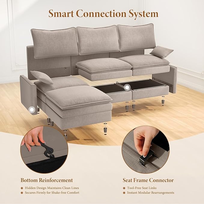 Vesgantti Large Modular Sectional Sofa, Big Comfy Cloud Couch with Ottoman, Chenille Deep Seat Cloud Sofa, 9 Seater Large Sectional Couches for Living Room, Bedroom, Apartment, Light Brown